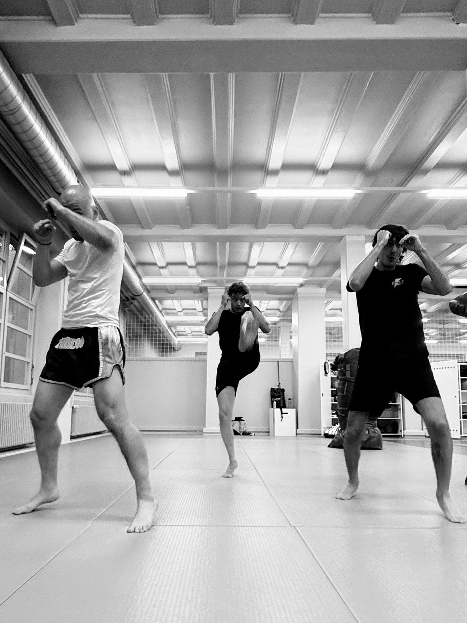 Drei Mitglieder beim Shadowboxing in der Halle